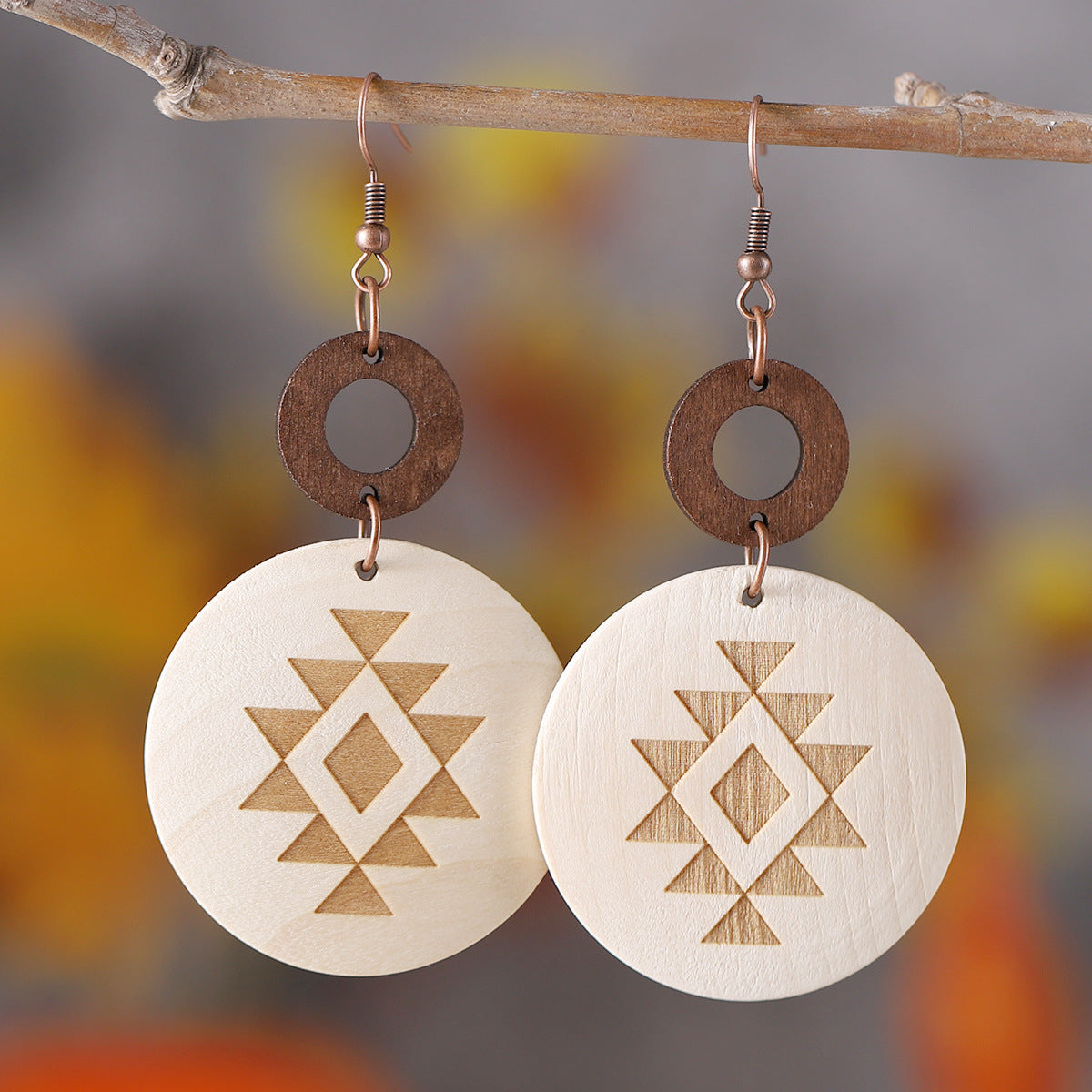 Wholesale Bohemian Cactus Sun Aztec Pattern Wood Earrings