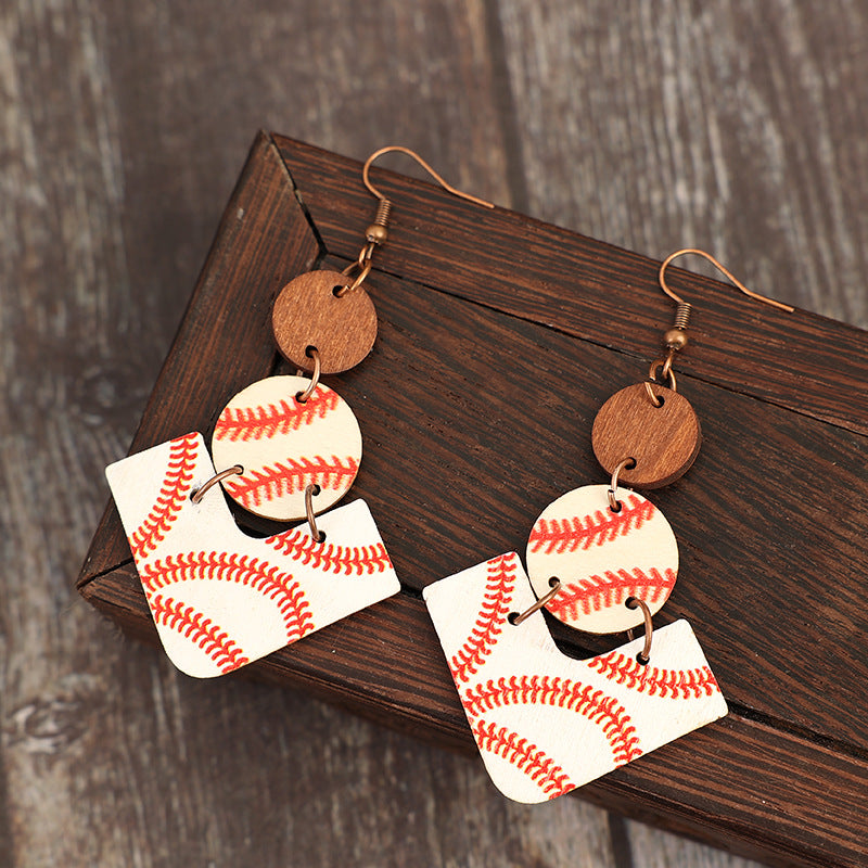 Wholesale Sports style geometric patchwork print baseball wooden earrings