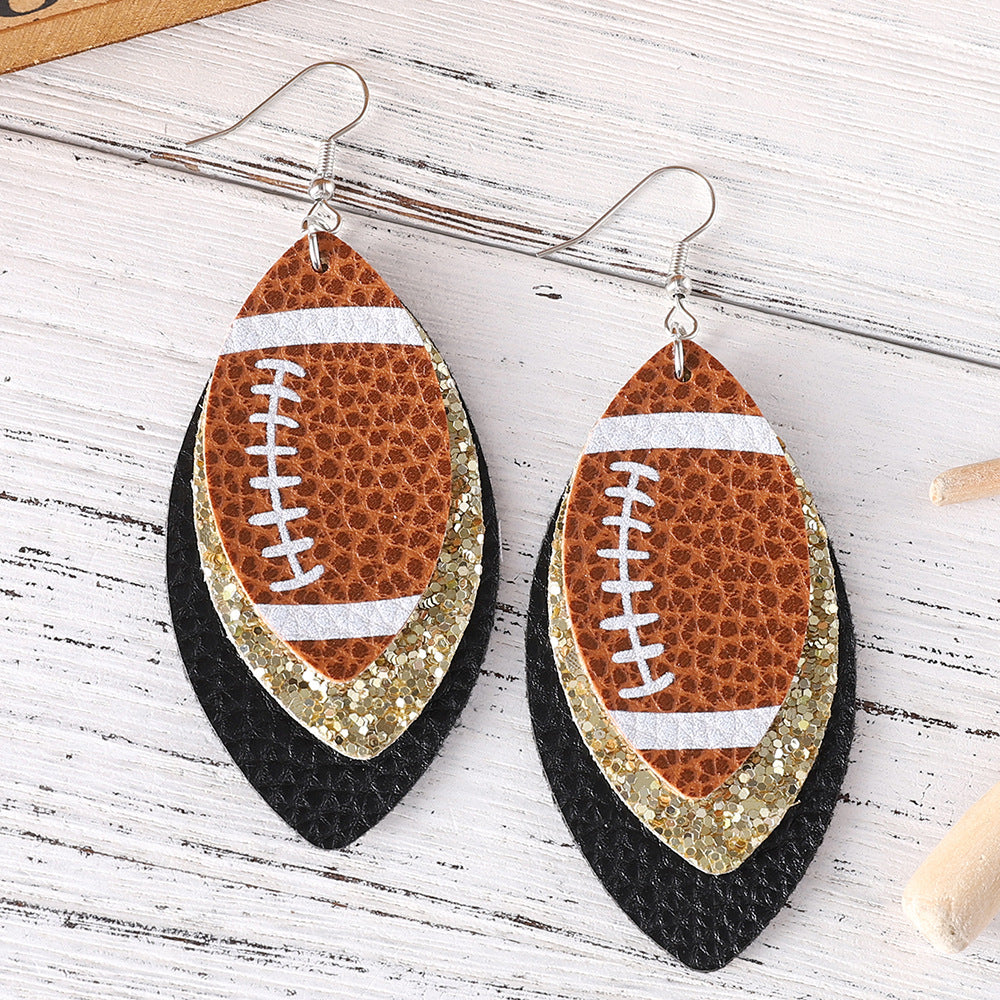 Wholesale Rugby Sequins Three-layer Leather Water Drop Pendant Earrings