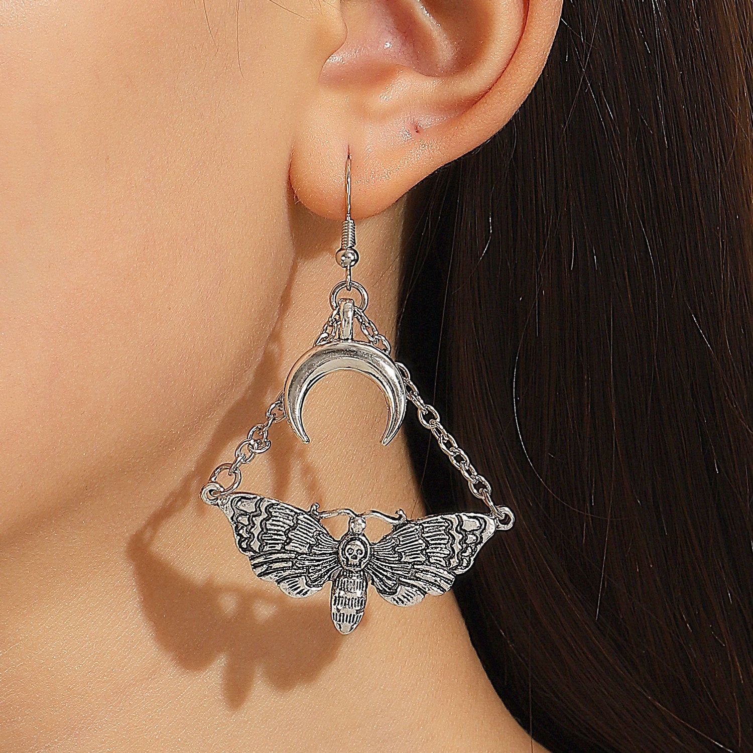 Wholesale Dark Goth Theme Chain Moth Crescent Earrings ACC-ES-MY028