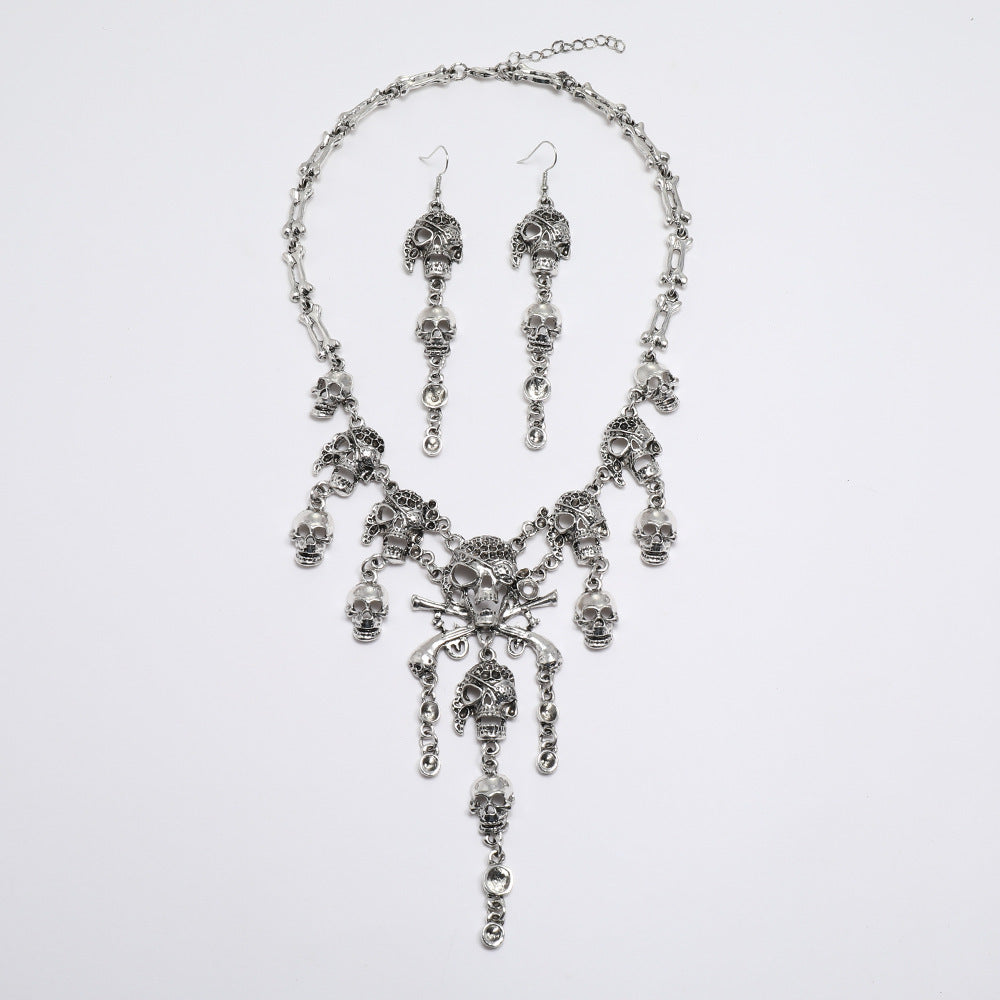 Wholesale  Skull Pirate Fringe Jewelry Set - Ancient Silver Alloy Earrings and Necklace,  Fashion Accessory for Boutique Resale