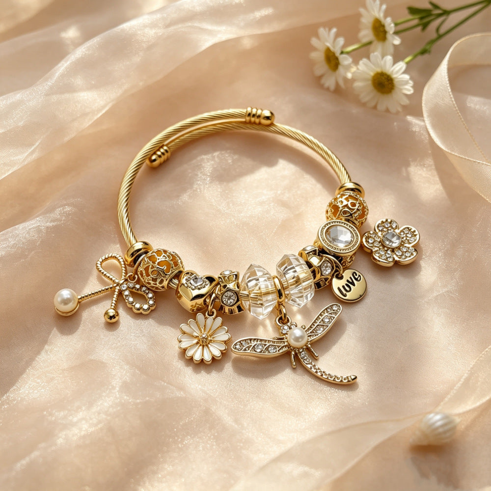 Wholesale Pastoral Gold Open Cuff Bangle With Dragonfly Bee Bow Pearl Charm Stainless Steel Women S Fashion Jewelry Accessory Boutique Resale Gift
