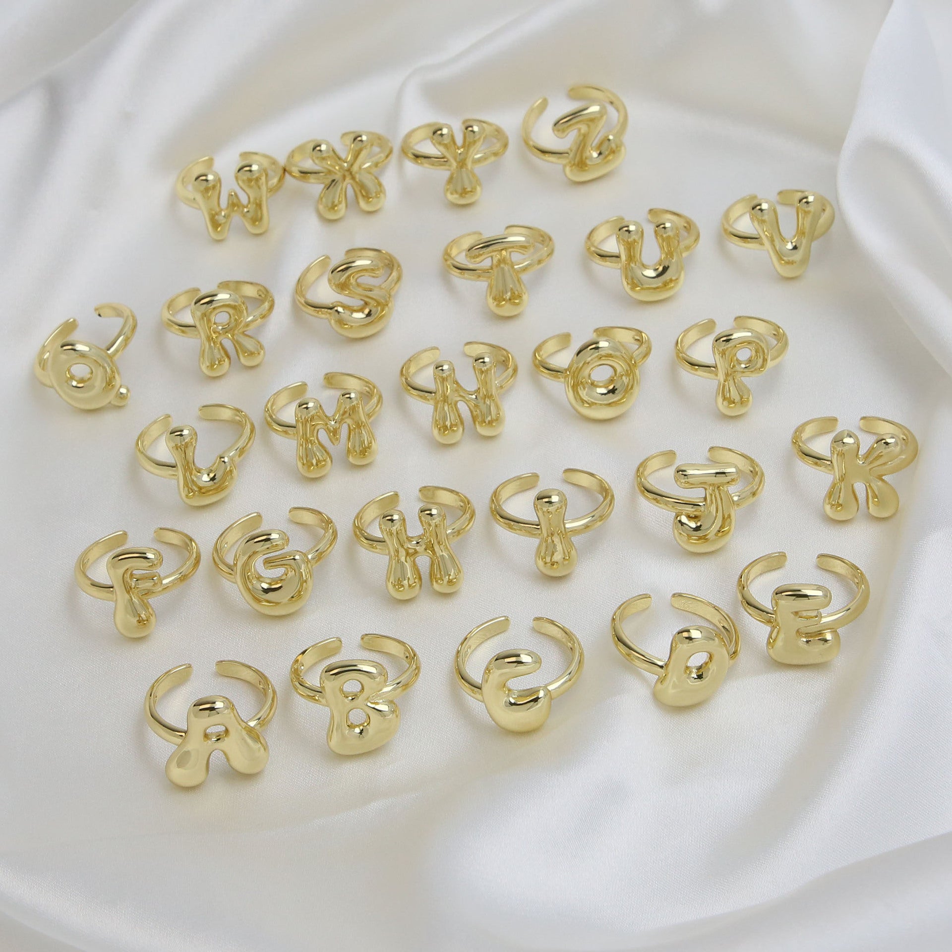 Wholesale  18k Golden Glaze Brass Bubble Balloon Bubble Cute Chubby 26 Letter Ring
