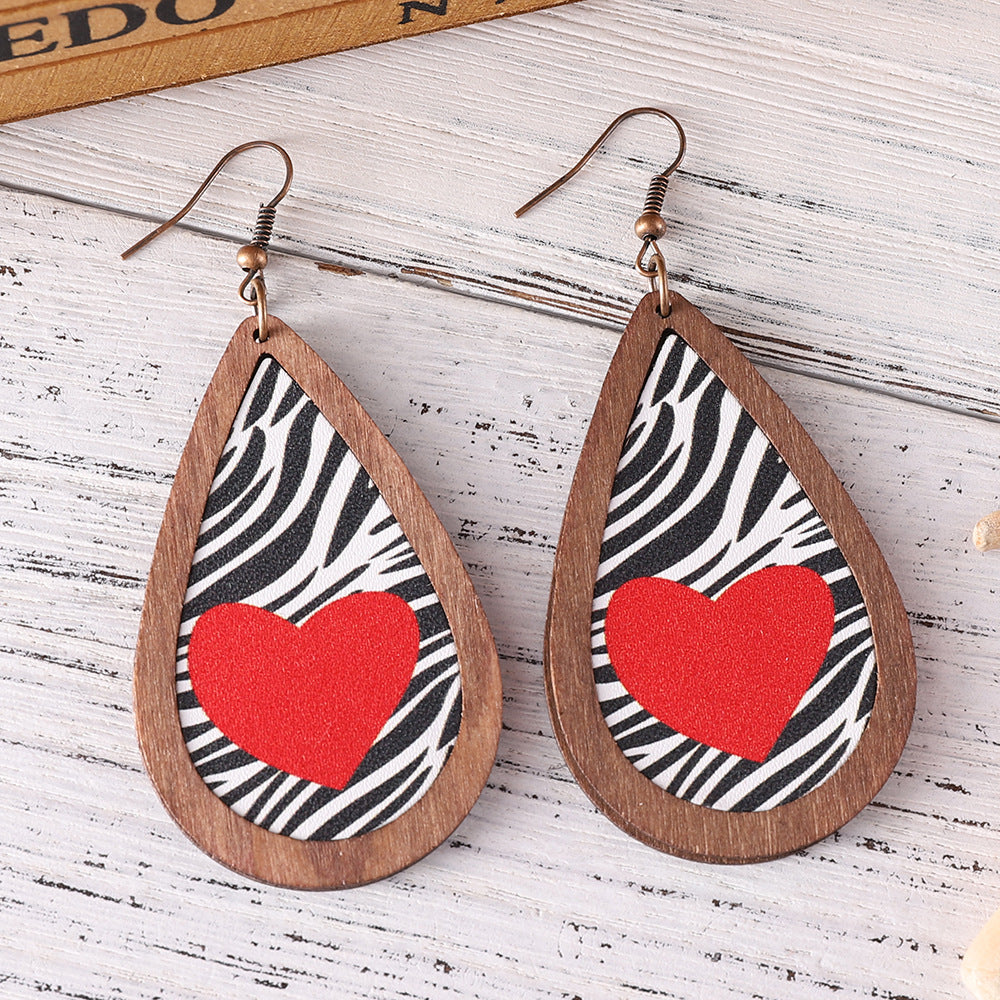 Wholesale Wooden zebra-print heart-shaped PU teardrop earrings