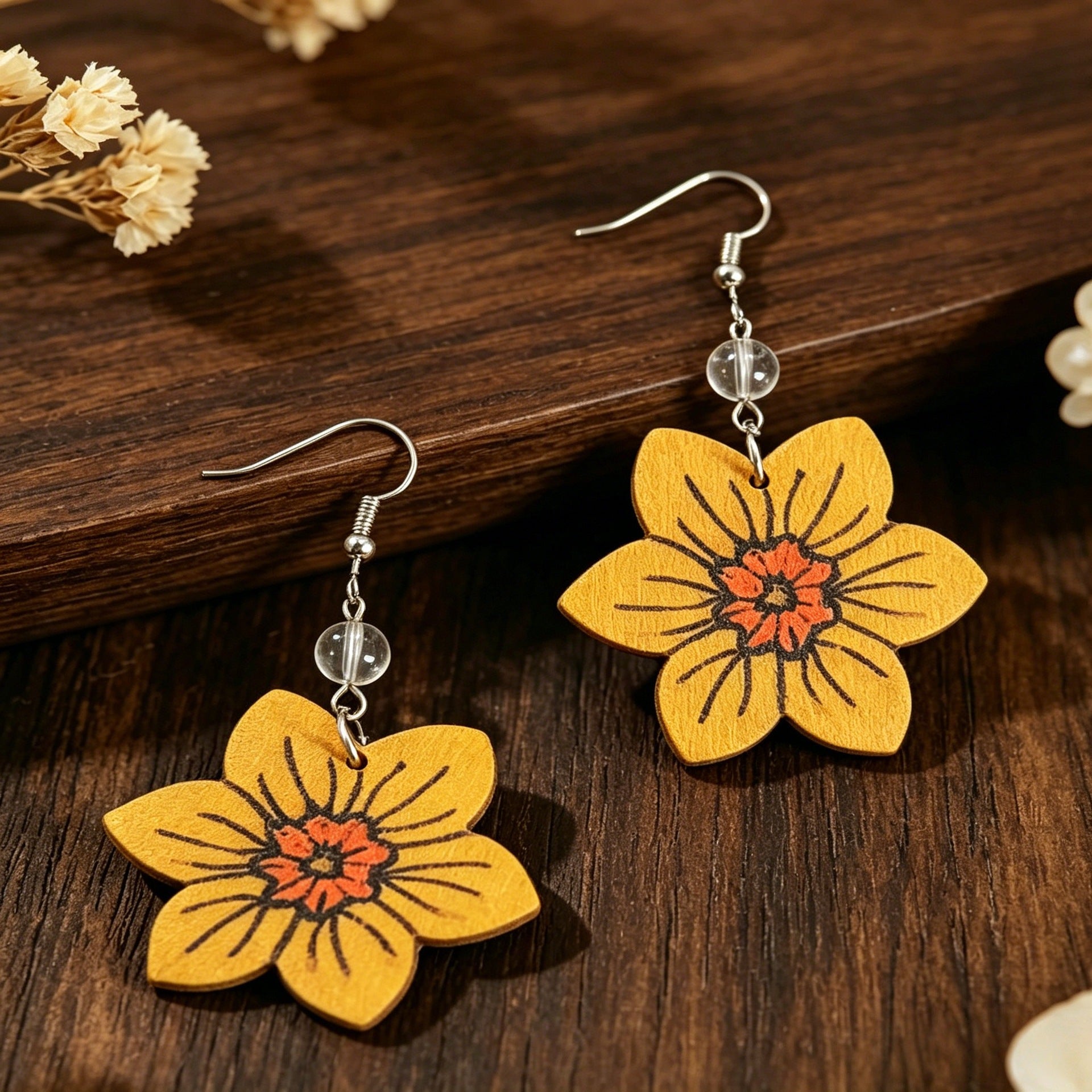 Wholesale Retro Yellow Floral Wooden Earrings with Transparent Beads - Jewelry Accessory for Boutique Resale