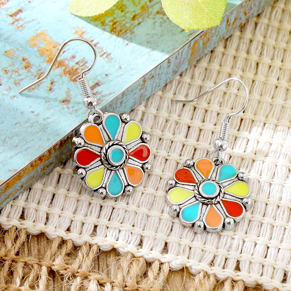 Wholesale Alloy Retro Ethnic Turquoise Bohemian Geometric Oil Drip Earrings Jewelry Accessory