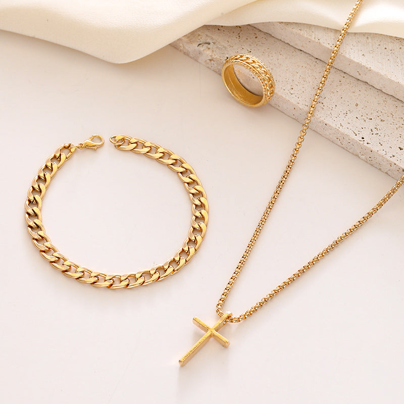 Wholesale Stylish Black Cross Crown Roman Numeral 3 Piece Jewelry Set Necklace Bracelet Ring Fashion Accessory Gift