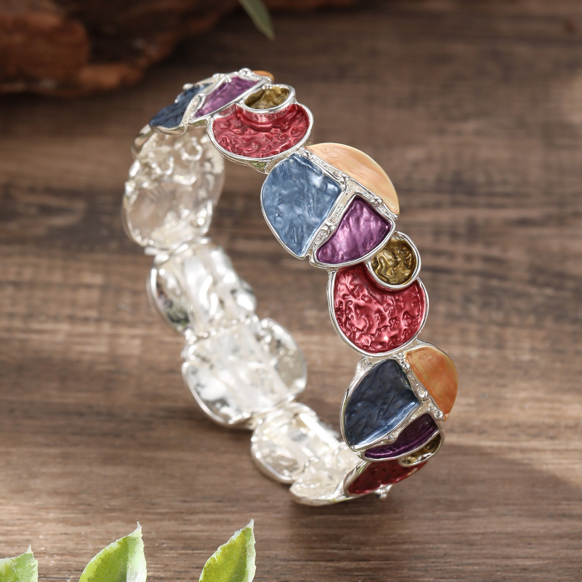 Wholesale Elegant Enamel Color round Geometric Line Petal Elastic Bracelet