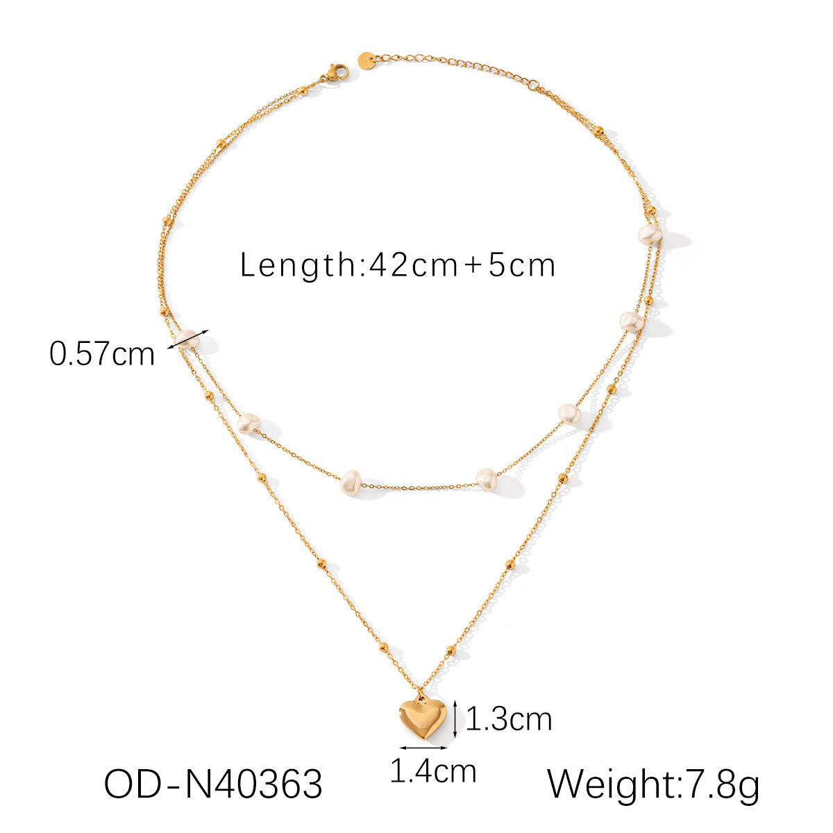 Wholesale  Stainless Steel 18K Gold Heart-Shaped Pendant Pearl Chain Ball Chain