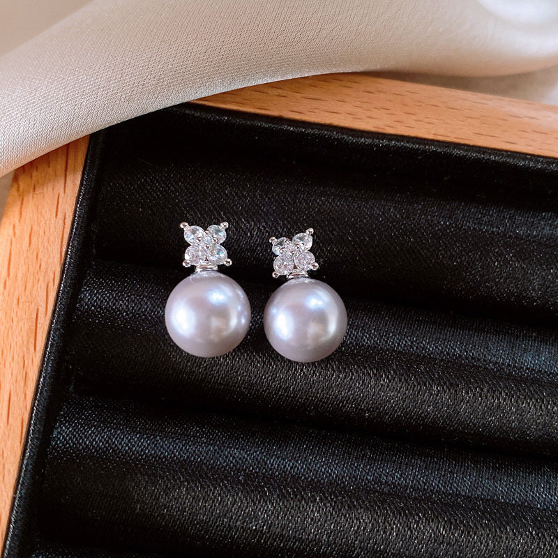 Wholesale Real Gold  Silver Needle Zircon Flower Pearl Earrings