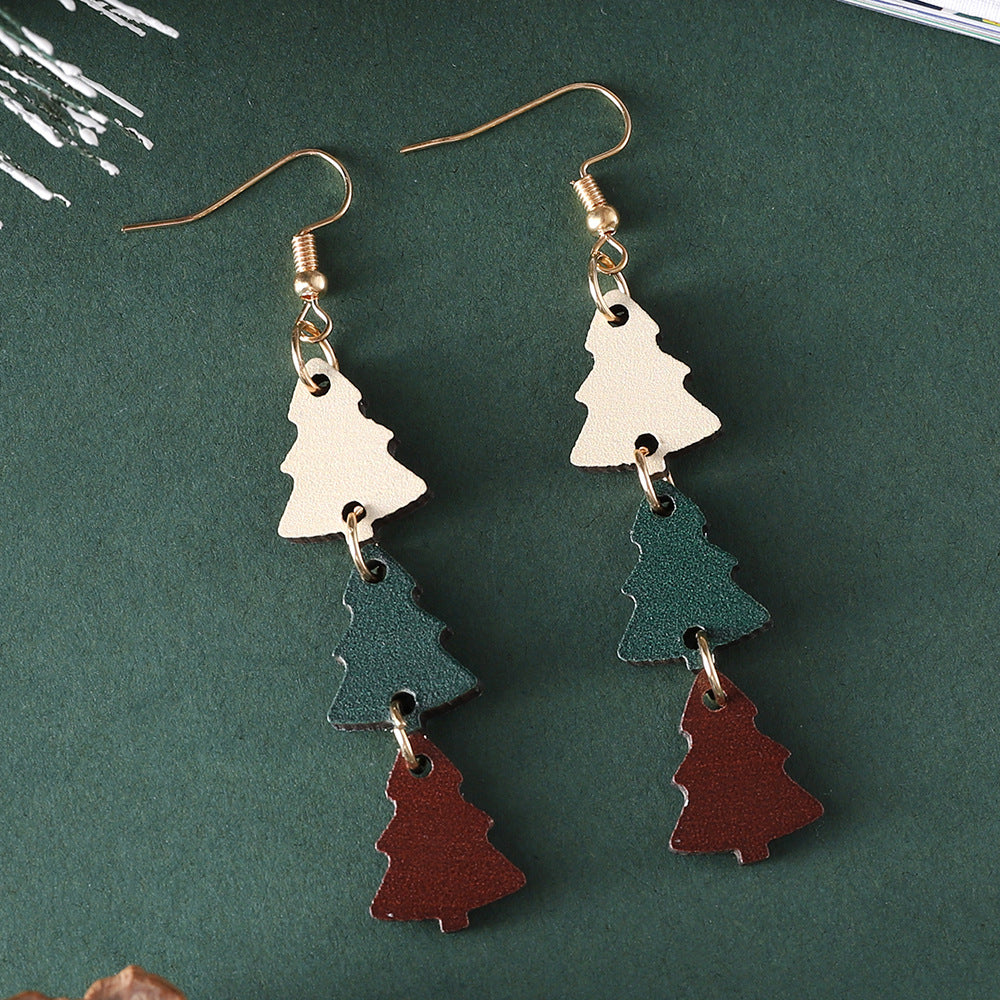 Wholesale Christmas Colorful Christmas Tree Triple Stitching Wood Double-sided Earrings ACC-ES-ChuLian072