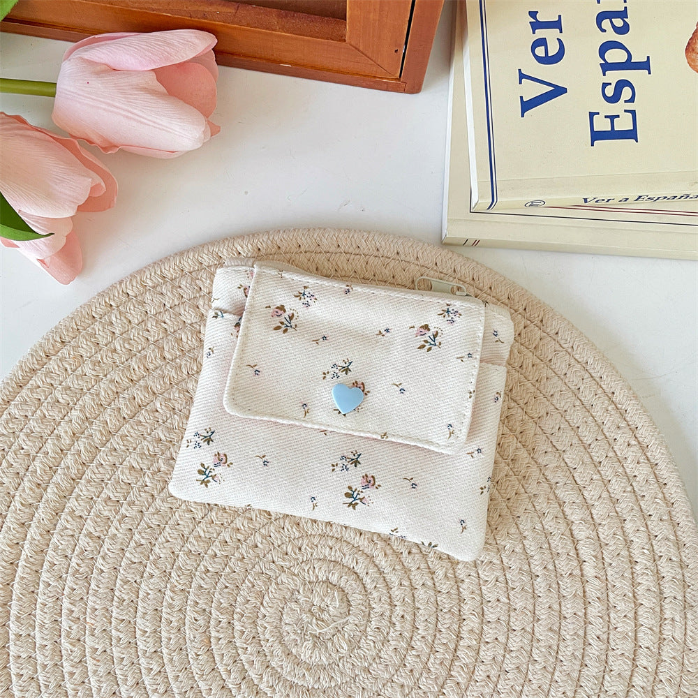 Wholesale Korean Style Flower Pattern Card Holder Wallet Double Layer Large Capacity Beige Polyester Stylish Women S Everyday Accessory Gift Resale