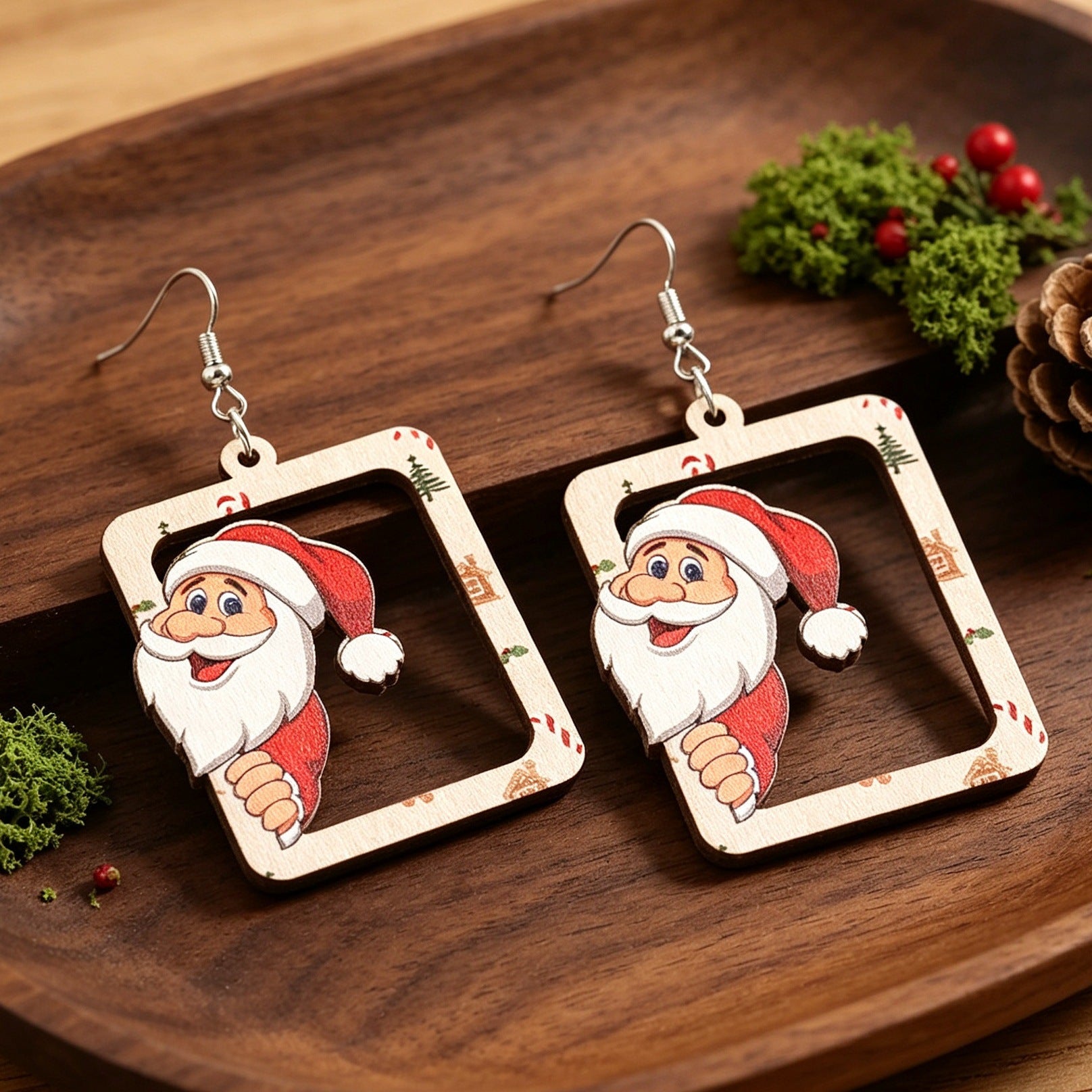 Wholesale Christmas Wooden Earrings Hollow Square Frame Santa Reindeer Print Party Jewelry Accessory