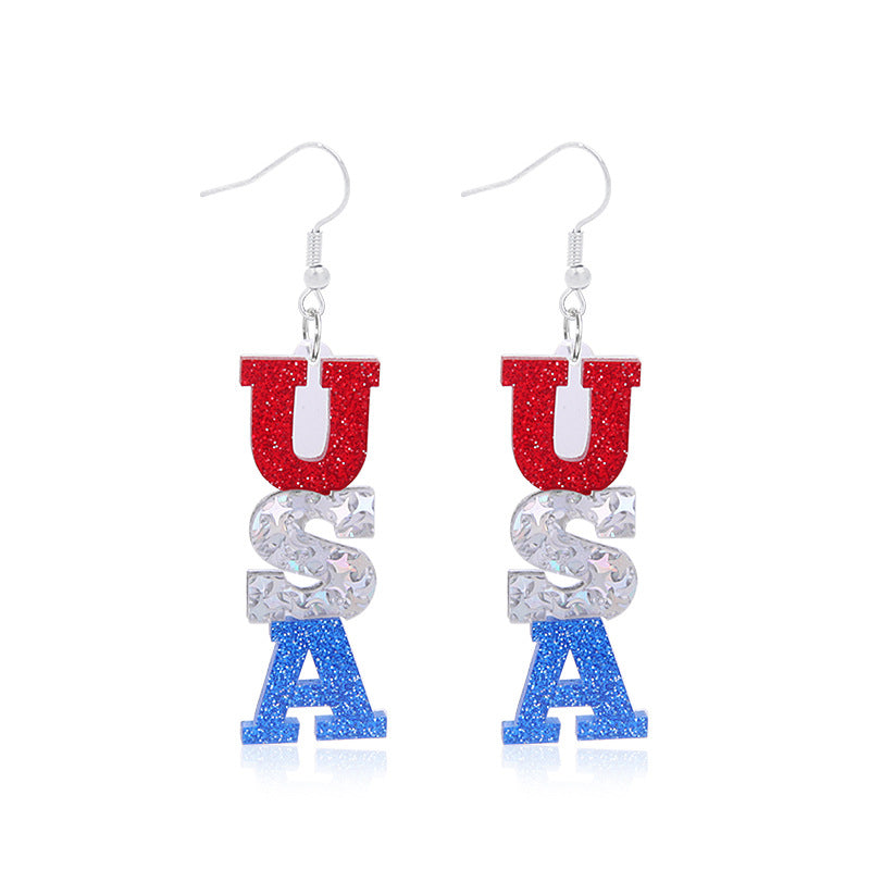 Wholesale American Independence Day Alloy Oil Drop Flag Pentagram Angel Earrings ACC-ES-BinLi003