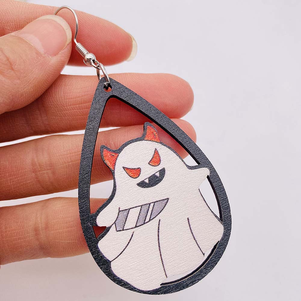 Wholesale Ghost Pumpkin Printed Pendant Earrings Halloween Wooden Earrings