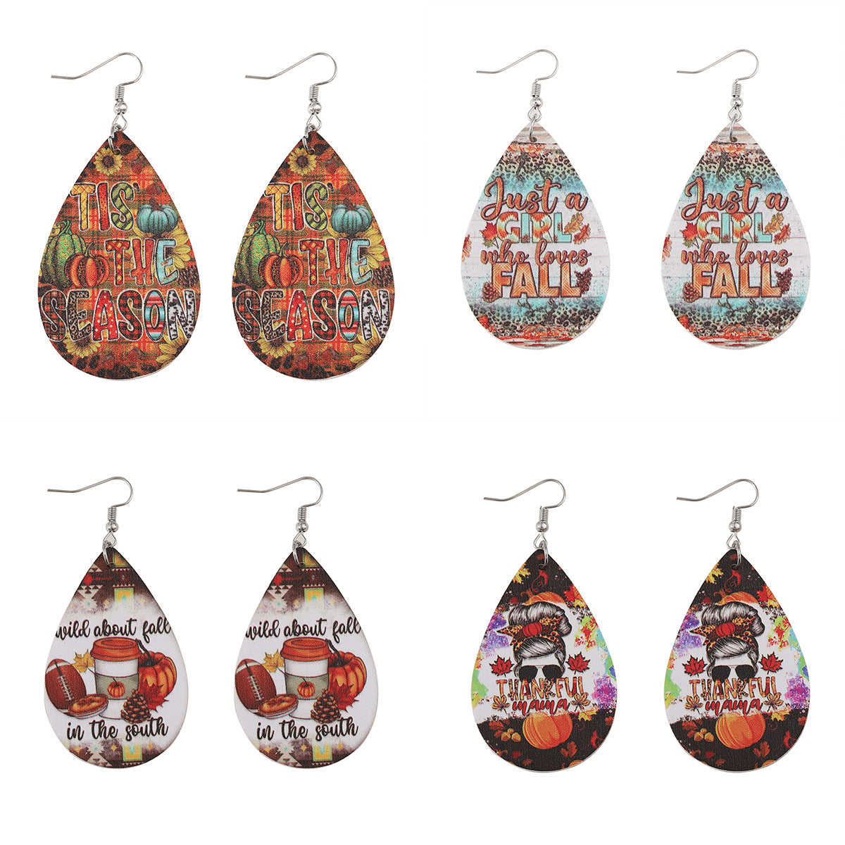 Wholesale Thanksgiving Autumn Harvest Pumpkin Sunflower Leopard Print PU Leather Earrings ACC-ES-ChuLian088