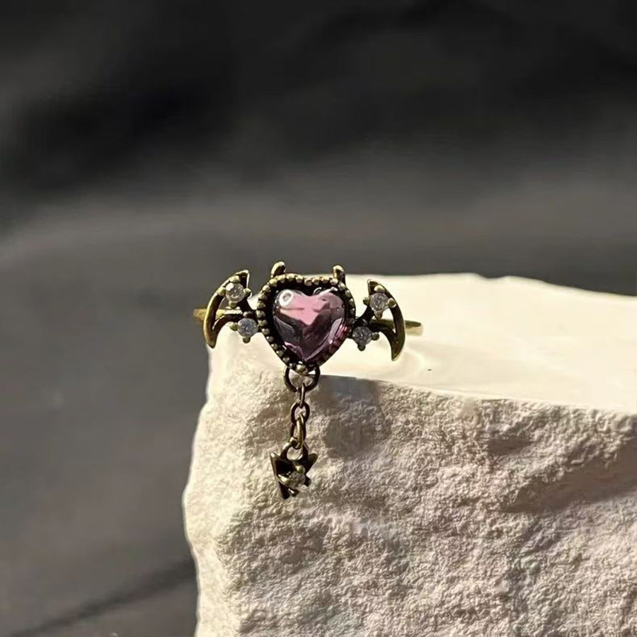 Wholesale Heart-shaped Colored Gemstone and Diamond Light Luxury Retro Open Ring