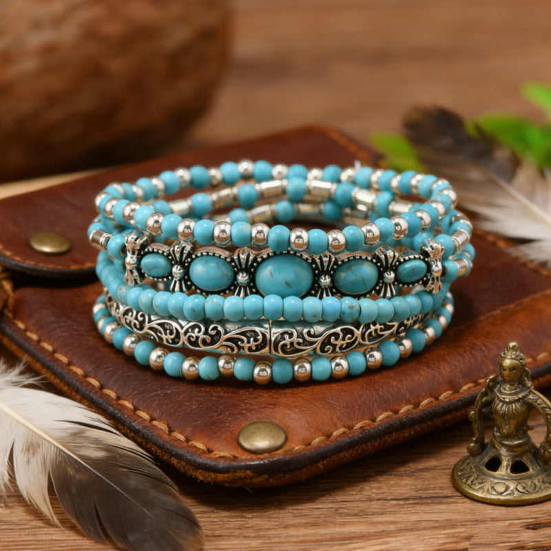 Wholesale 5-Piece Western Cowboy Retro Turquoise Bracelet Set - Fashion Accessory for Boutique Resale