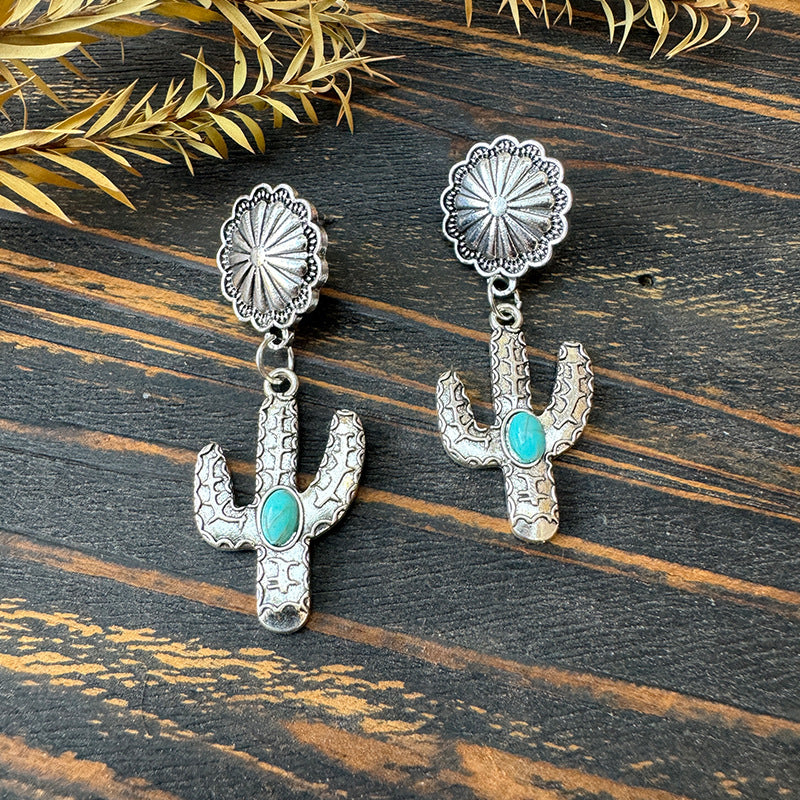 Wholesale Western Style Cow Head Sunflower Inlaid Turquoise Metal Earrings ACC-ES-XinChuan014
