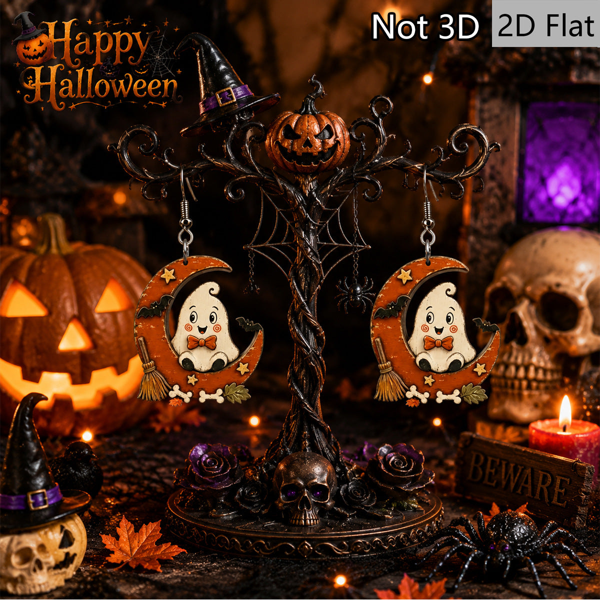 Wholesale Wooden  Earrings Cute Moon Ghost Bat Bone Design Party Fashion Accessory