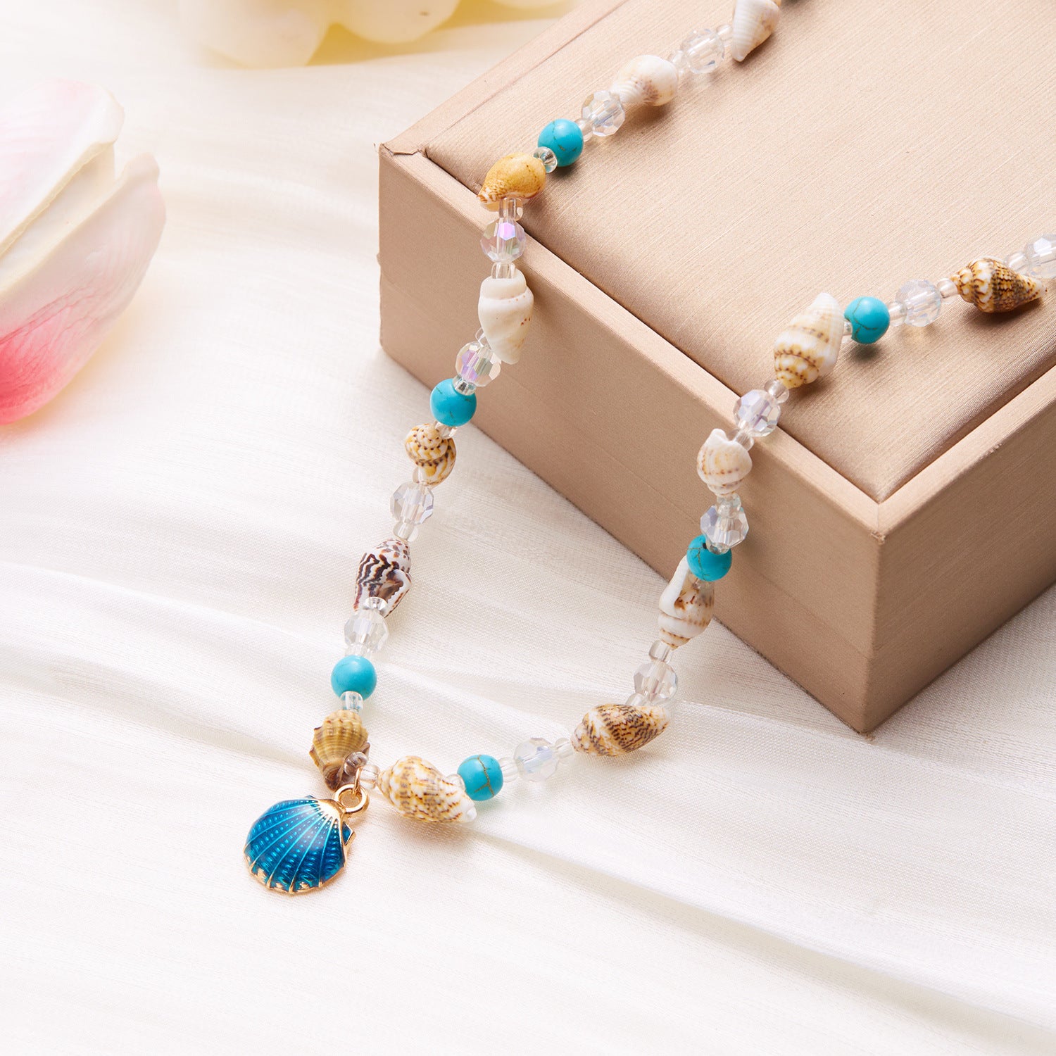 Wholesale  shell conch blue rice beads necklace