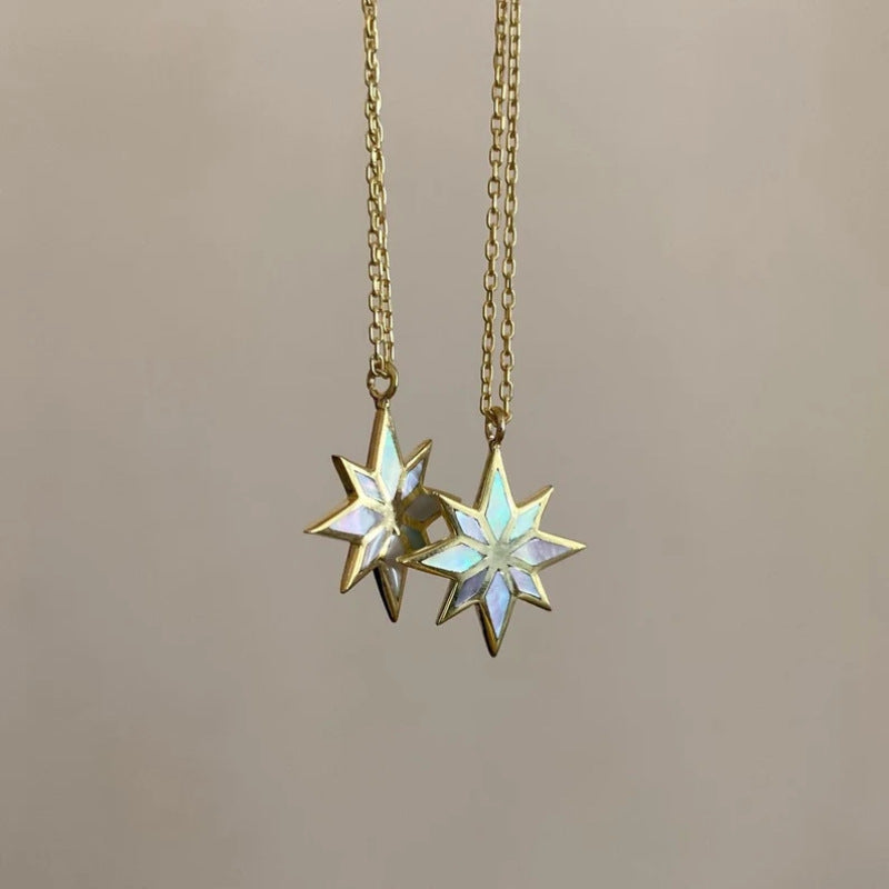 Wholesale Handmade Natural Abalone Shell Patch Titanium Steel Electroplated 18K Gold Six-pointed Star Clavicle Chain Necklace ACC-NE-JP006