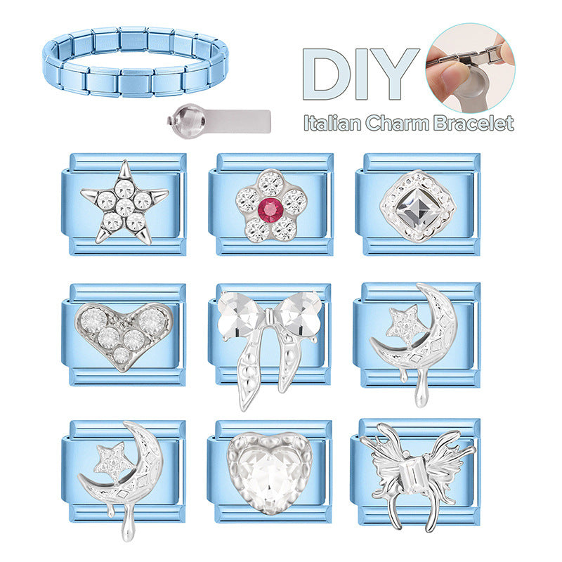 Wholesale 9mm Italian Charm Starter Bracelets blue series  DIY  Single Section Creative Stainless Steel Composable Bracelet
