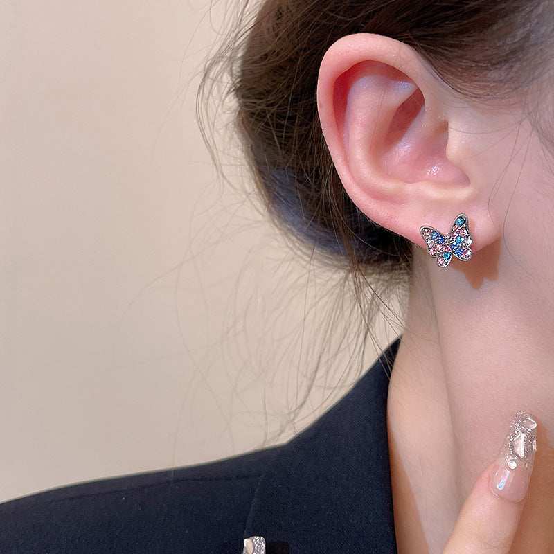 Wholesale 925 silver needle small simple colorful flash diamond butterfly earrings
