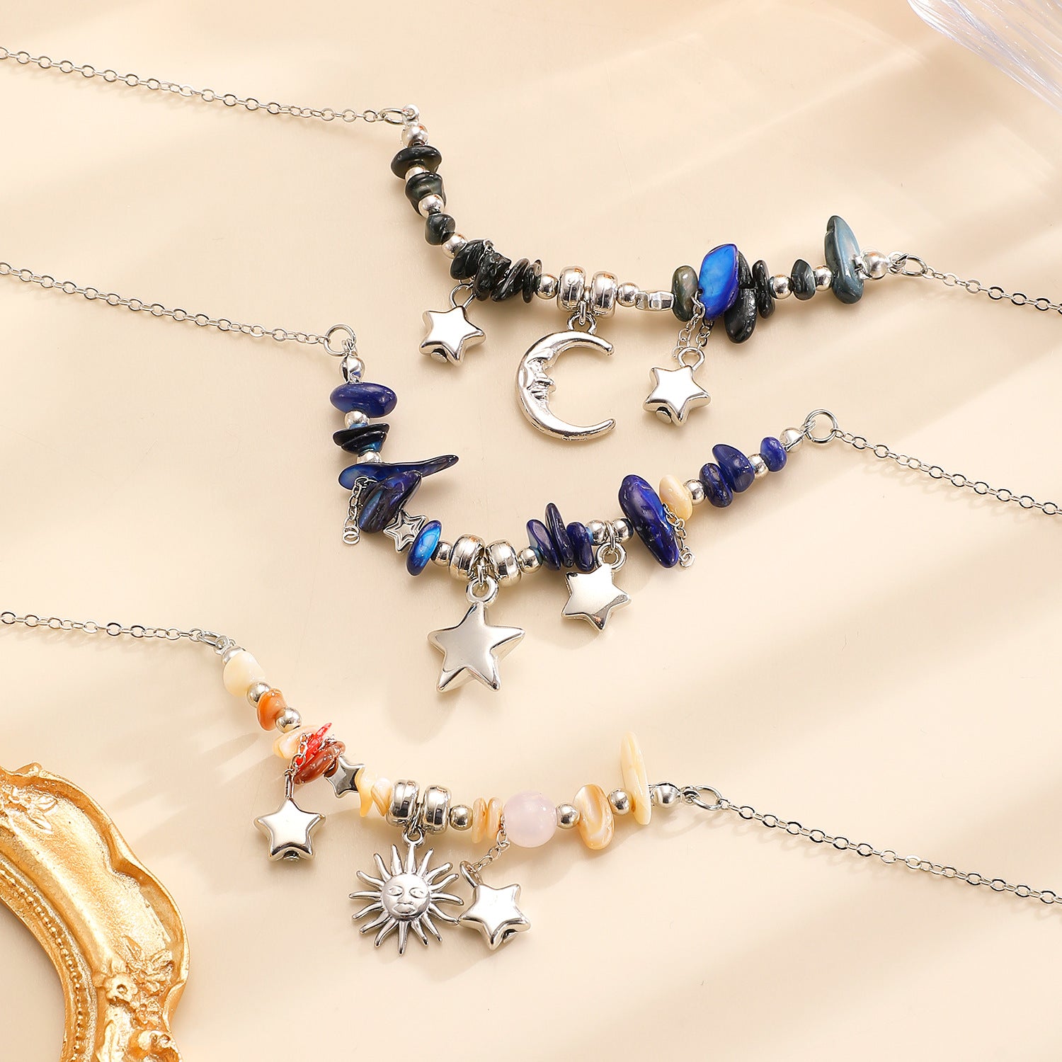 Wholesale Zinc alloy pebble beaded star moon and sun pendant necklace