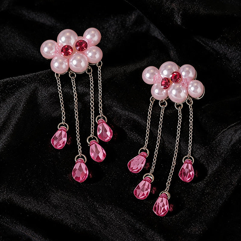 Wholesale Chic Round Geometric Pearl Tassel Earrings For Women Pink Alloy Rhinestone Stud Earrings Fashion Jewelry Accessory