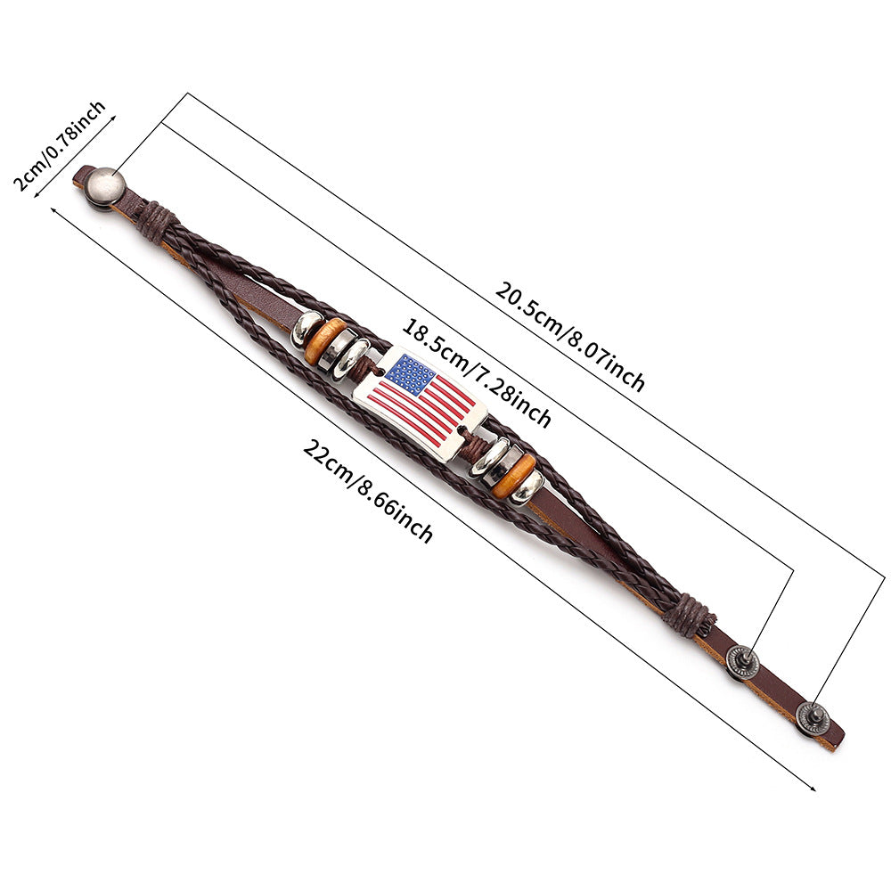 Wholesale Handmade Cowhide Leather Braided Bracelet Retro Flag Design Unisex Fashion Jewelry Gift
