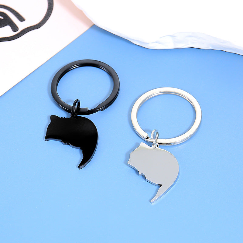 Wholesale Titanium Steel Black and White Cat Keychain