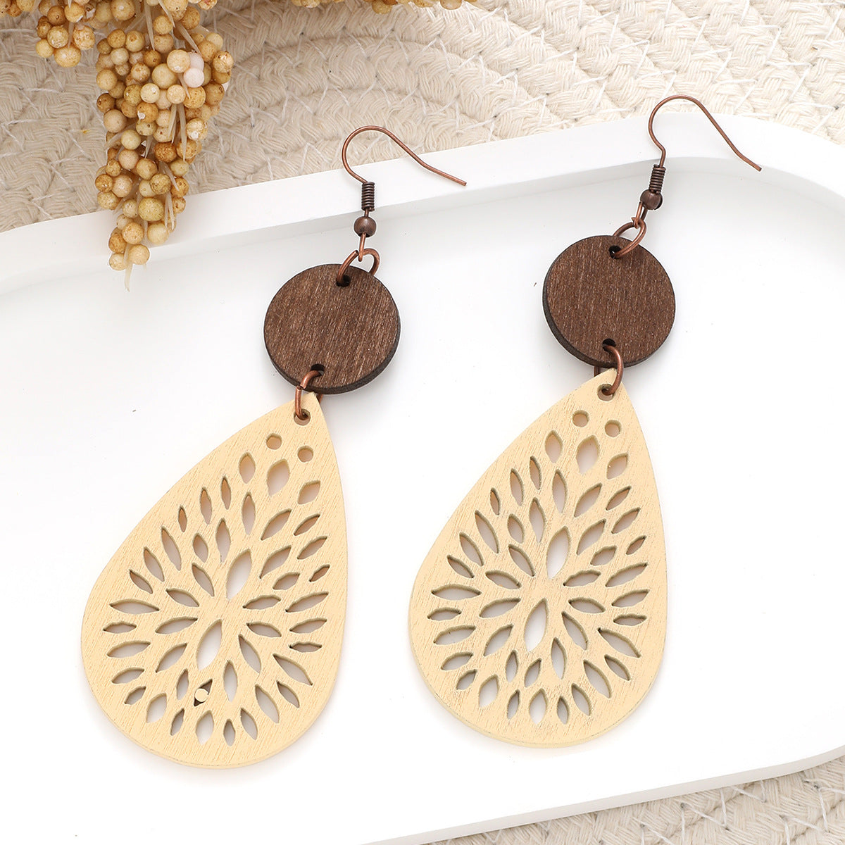Wholesale Bohemian Style Vacation Vintage Hollow Water Drop Wooden Round Pieces Leather Earrings