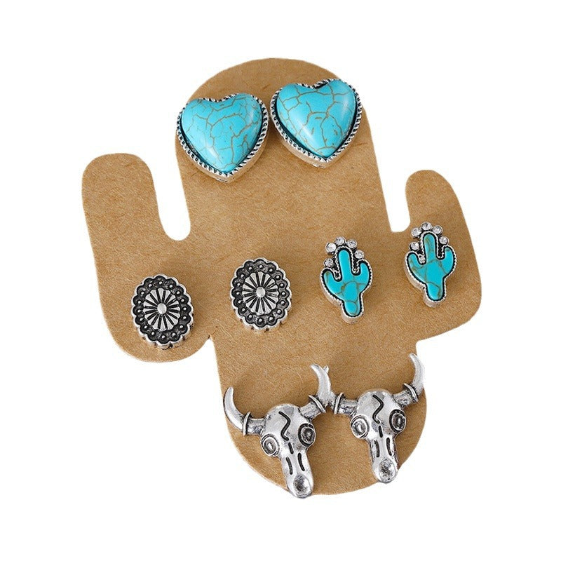 Wholesale 4pcs/set Retro Turquoise Love Cactus Cattle Head Cowboy Boots Earrings
