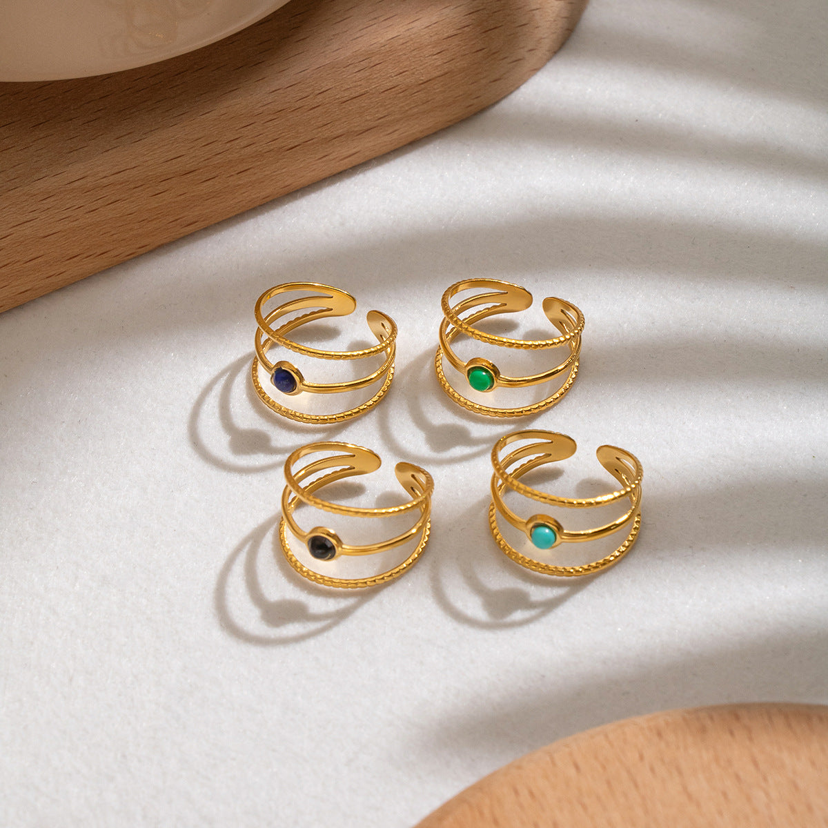 Wholesale Geometric Natural Stone Stainless Steel Open Ring Adjustable 18K Gold Plated Jewelry Accessory For Women Boutique Resale
