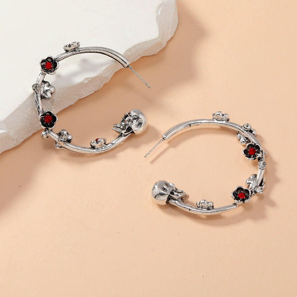 Wholesale Ancient Gold Alloy Skull Flower Hoop Earrings Electroplated Fashion Jewelry Accessory for Women Boutique Resale