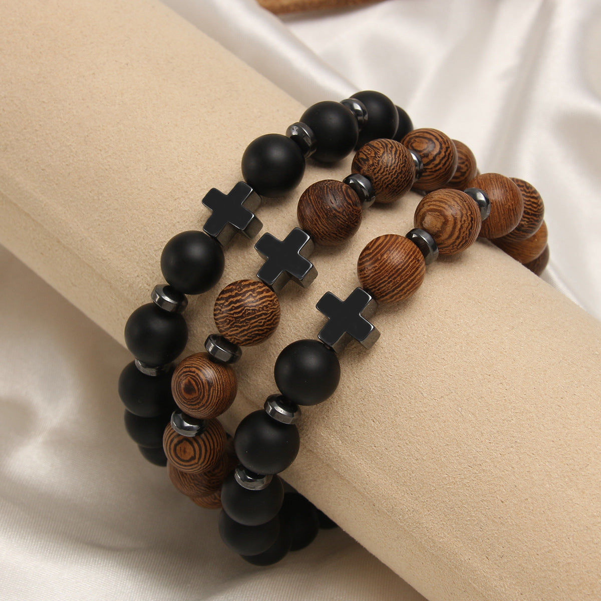 Wholesale Natural Stone Frosted Stone Wooden Beads Bracelet Cross Bracelet ACC-BT-HongMing002