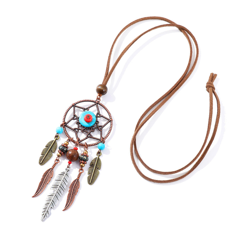 Wholesale Zinc Alloy Dream Catcher Pendant Necklace Bohemian Tassel Sweater Chain Seaside Vacation Jewelry Accessory