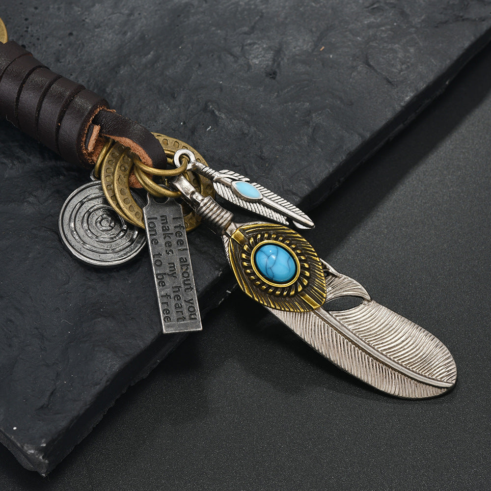 Wholesale  Alloy Bronze Turquoise Feather Retro Woven Cowhide Pendant Keychains