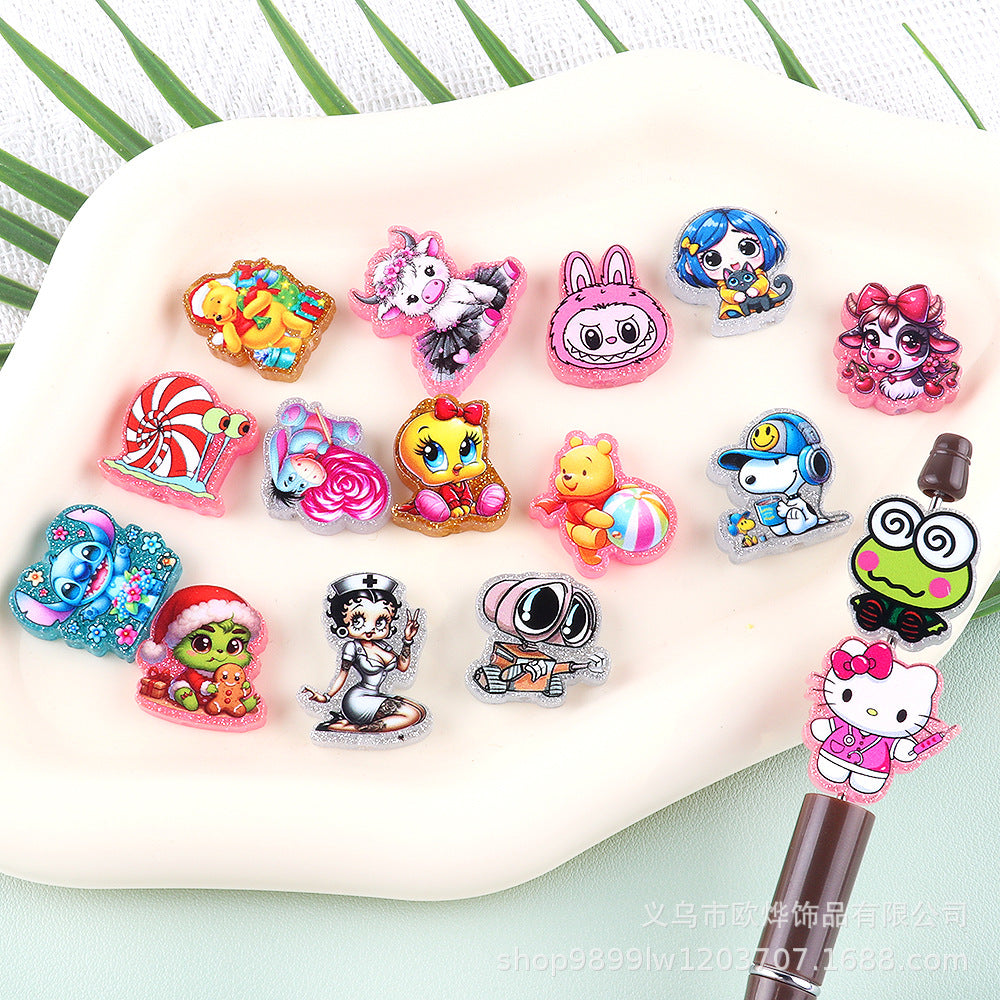 Wholesale 5pcs Acrylic Beads Straight Hole Cartoon Characters Beadable Pen and Keychain DlY Accessories