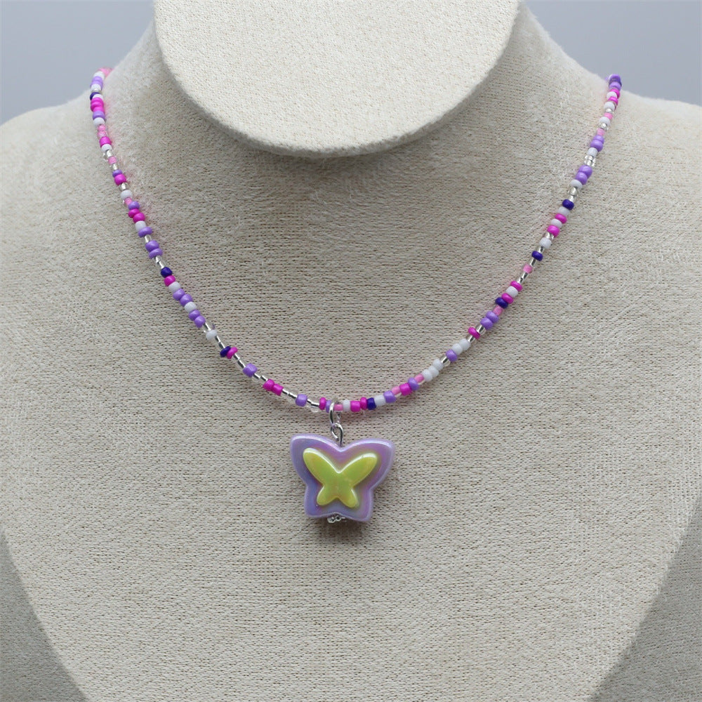 Wholesale Chic Gray Beaded Butterfly Pendant Collarbone Necklace Handmade Women S Fashion Jewelry Accessory For Resale