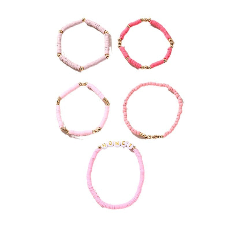 Wholesale Valentine's Day Pink soft pottery letters bracelet set