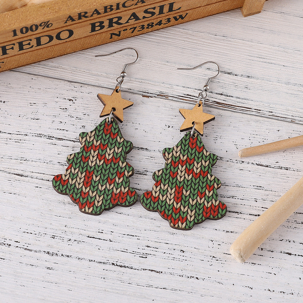 Wholesale Christmas tree sweater knitted pendant women' s wooden double-sided earrings