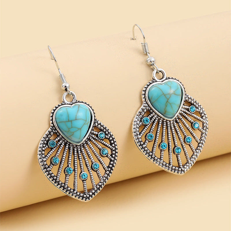 Wholesale Retro Bohemian Heart Turquoise Earrings Chic Leaf Design Fashion Accessory Gift For Birthday