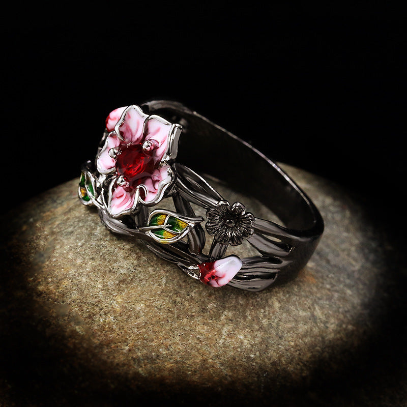 Wholesale Gothic style black gold plated two-tone flower ring