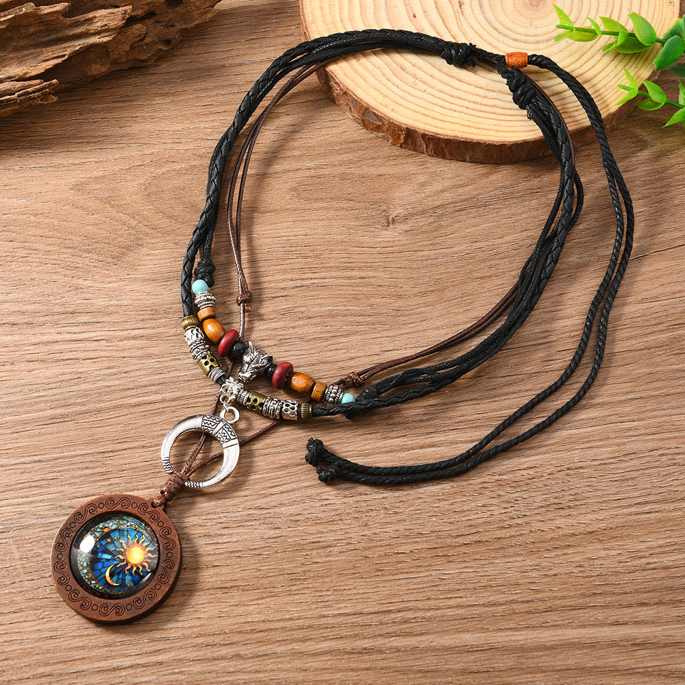 Wholesale Retro Men' s Knitted Layered Tree of Life Beaded Sweater Chain Set