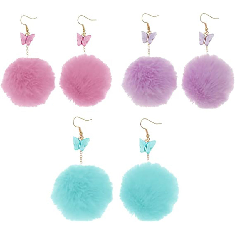 Wholesale Mink Fur Pom Pom Pendant Butterfly Earrings