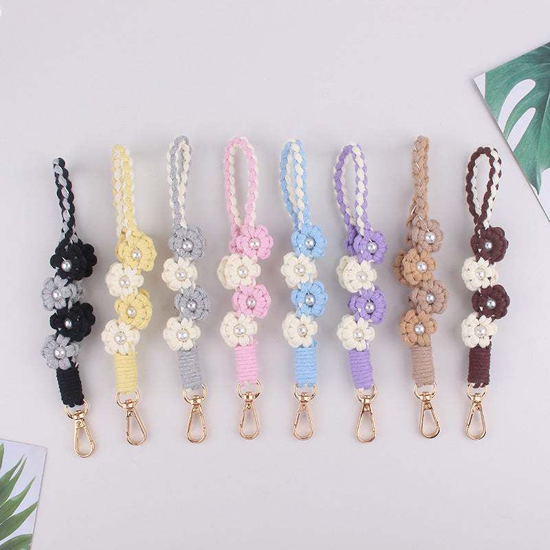 Wholesale Handwoven Pearl Flower Keychain Cute Candy Color Phone Lanyard With Cotton Rope Chic Bag Charm Everyday Use