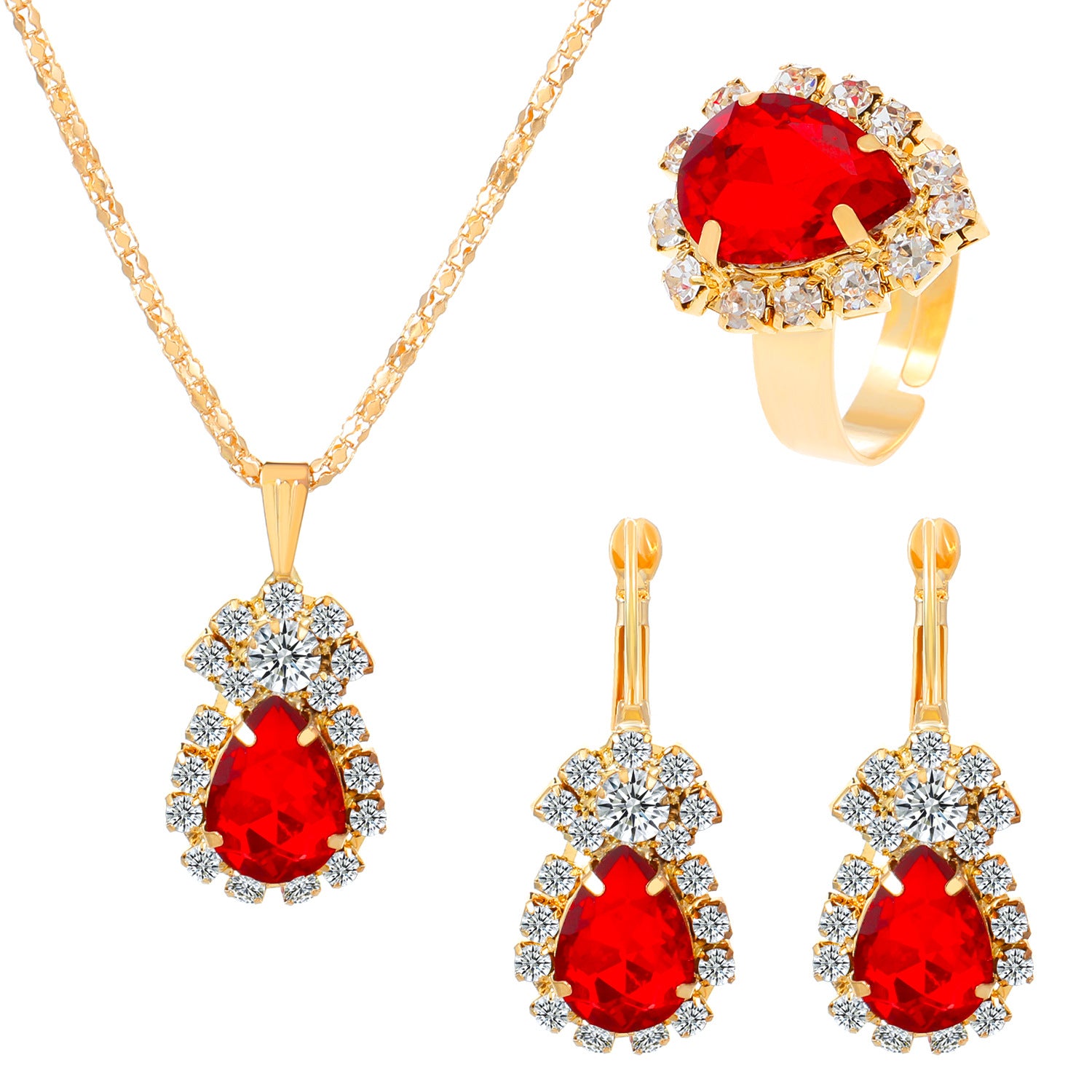 Wholesale Colorful rhinestone necklace earrings and ring set
