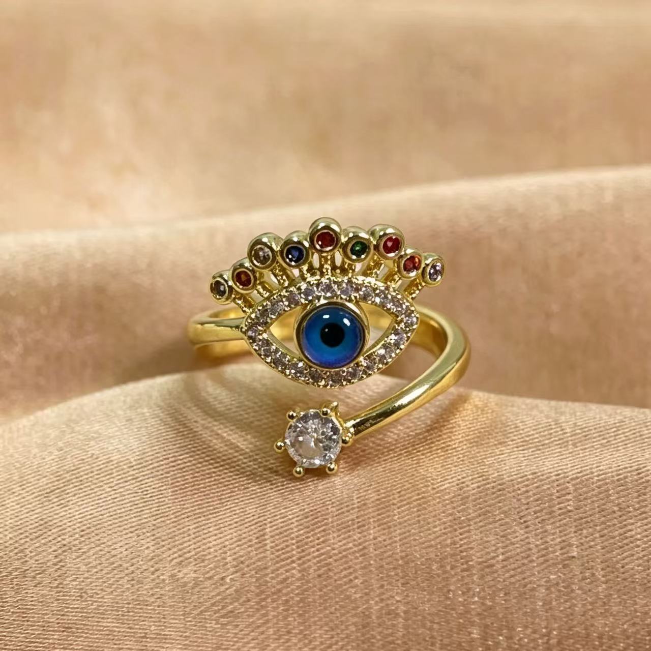 Wholesale 18K Gold Plated Brass Devil' s Eye Open Ring with Blue Zircon Jewelry Accessory